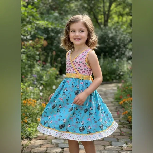 Jelly the Pug Girls Multi-Color Cotton Cute Madeleine Paris Print Dress Size 12 - Picture 1 of 9